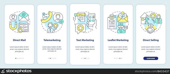 Types of direct marketing onboarding mobile app screen. Walkthrough 5 steps editable graphic instructions with linear concepts. UI, UX, GUI template. Myriad Pro-Bold, Regular fonts used. Types of direct marketing onboarding mobile app screen