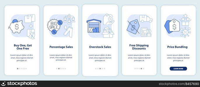 Types of discounts light blue onboarding mobile app screen. Sales walkthrough 5 steps editable graphic instructions with linear concepts. UI, UX, GUI template. Myriad Pro-Bold, Regular fonts used. Types of discounts light blue onboarding mobile app screen