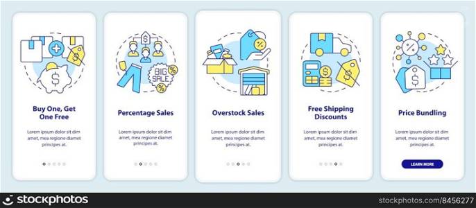 Types of discounts onboarding mobile app screen. Customer incentives walkthrough 5 steps editable graphic instructions with linear concepts. UI, UX, GUI template. Myriad Pro-Bold, Regular fonts used. Types of discounts onboarding mobile app screen