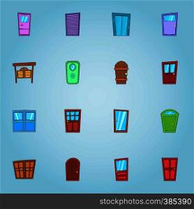 Types of doors icons set. Cartoon illustration of 16 types of doors vector icons for web. Types of doors icons set, cartoon style