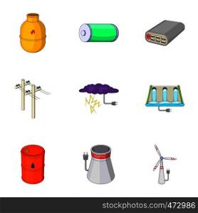Types of electricity icons set. Cartoon set of 9 types of electricity vector icons for web isolated on white background. Types of electricity set, cartoon style