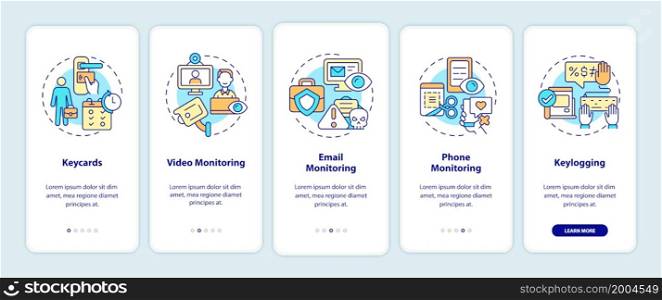 Types of employee monitoring onboarding mobile app page screen. Work walkthrough 5 steps graphic instructions with concepts. UI, UX, GUI vector template with linear color illustrations. Types of employee monitoring onboarding mobile app page screen