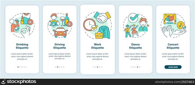 Types of etiquette onboarding mobile app screen. Set of rules walkthrough 5 steps graphic instructions pages with linear concepts. UI, UX, GUI template. Myriad Pro-Bold, Regular fonts used. Types of etiquette onboarding mobile app screen