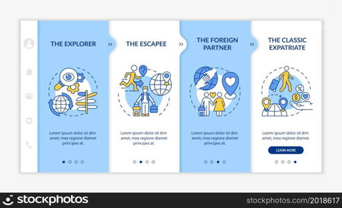 Types of expatriates onboarding vector template. Responsive mobile website with icons. Web page walkthrough 4 step screens. Moving to foreign country color concept with linear illustrations. Types of expatriates onboarding vector template