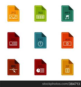 Types of files icons set. Flat illustration of 9 types of files vector icons for web. Types of files icons set, flat style