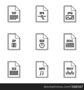 Types of files icons set. Outline illustration of 9 types of files vector icons for web. Types of files icons set, outline style