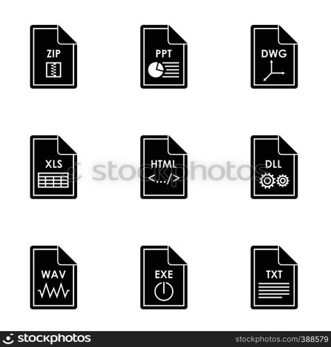 Types of files icons set. Simple illustration of 9 types of files vector icons for web. Types of files icons set, simple style