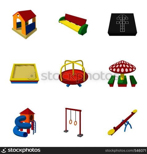 Types of games in yard icons set. Cartoon illustration of 9 types of games in yard vector icons for web. Types of games in yard icons set, cartoon style