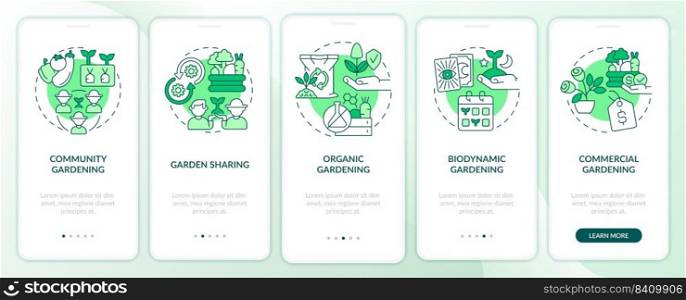 Types of gardening green onboarding mobile app screen. Horticulture walkthrough 5 steps editable graphic instructions with linear concepts. UI, UX, GUI template. Myriad Pro-Bold, Regular fonts used. Types of gardening green onboarding mobile app screen