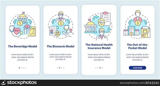 Types of healthcare systems onboarding mobile app screen. Models walkthrough 4 steps editable graphic instructions with linear concepts. UI, UX, GUI template. Myriad Pro-Bold, Regular fonts used. Types of healthcare systems onboarding mobile app screen