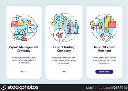 Types of import and export business onboarding mobile app screen. Walkthrough 3 steps graphic instructions pages with linear concepts. UI, UX, GUI template. Myriad Pro-Bold, Regular fonts used. Types of import and export business onboarding mobile app screen