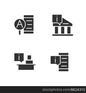 Types of informational support black glyph icons set on white space. Current data. Online and offline services. Silhouette symbols. Solid pictogram pack. Vector isolated illustration. Types of informational support black glyph icons set on white space
