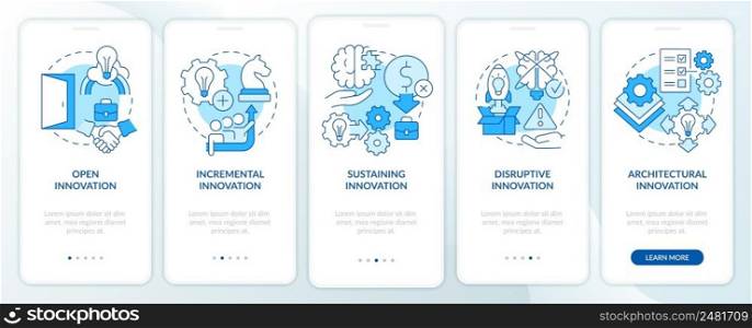 Types of innovation in business blue onboarding mobile app screen. Walkthrough 5 steps graphic instructions pages with linear concepts. UI, UX, GUI template. Myriad Pro-Bold, Regular fonts used. Types of innovation in business blue onboarding mobile app screen