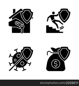 Types of insurance cases black glyph icons set on white space. Financial support at accidents. Insurance policy to protect customer. Silhouette symbols. Vector isolated illustration. Types of insurance cases black glyph icons set on white space