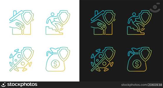 Types of insurance cases gradient icons set for dark and light mode. Financial help at accidents. Thin line contour symbols bundle. Isolated vector outline illustrations collection on black and white. Types of insurance cases gradient icons set for dark and light mode