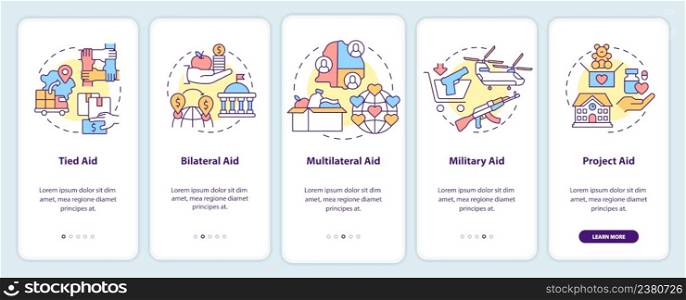Types of international aid onboarding mobile app screen. Military aid walkthrough 5 steps graphic instructions pages with linear concepts. UI, UX, GUI template. Myriad Pro-Bold, Regular fonts used. Types of international aid onboarding mobile app screen