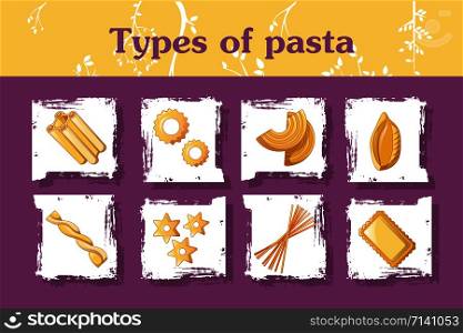 Types of italian pasta concept background. Cartoon illustration of types of italian pasta vector concept background for web design. Types of italian pasta concept background, cartoon style