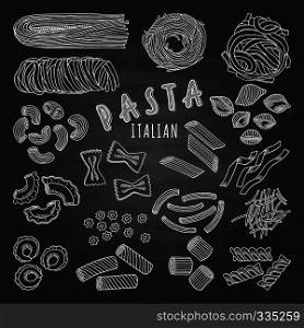 Types of itallian pasta. Hand drawn pictures on dark background. Icons set for restaurant menu. Pasta italian sketch, spaghetti drawing illustration. Types of itallian pasta. Hand drawn pictures on dark background. Icons set for restaurant menu