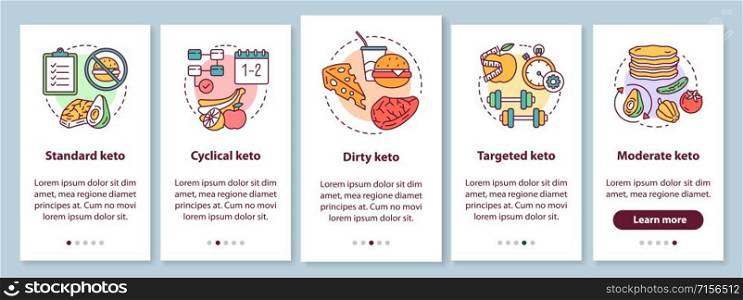Types of keto diets onboarding mobile app page screen with linear concepts. Ketogenic meal, healthy nutrition. Low carbs food walkthrough steps graphic instructions. UX, UI, GUI vector template