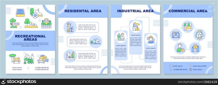 Types of land-use blue brochure template. Residential and industrial. Leaflet design with linear icons. 4 vector layouts for presentation, annual reports. Arial-Black, Myriad Pro-Regular fonts used. Types of land-use blue brochure template