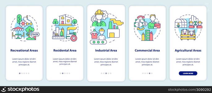 Types of land-use onboarding mobile app screen. Recreational areas walkthrough 5 steps graphic instructions pages with linear concepts. UI, UX, GUI template. Myriad Pro-Bold, Regular fonts used. Types of land-use onboarding mobile app screen