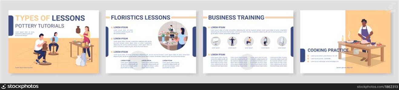 Types of lessons flat vector brochure template. Flyer, booklet, printable leaflet design with flat illustrations. Magazine page, cartoon reports, infographic posters with text space. Types of lessons flat vector brochure template