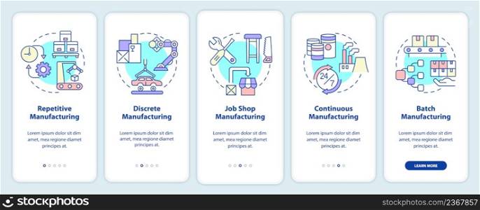 Types of manufacturing processes onboarding mobile app screen. Walkthrough 5 steps graphic instructions pages with linear concepts. UI, UX, GUI template. Myriad Pro-Bold, Regular fonts used. Types of manufacturing processes onboarding mobile app screen