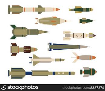 Types of military missiles or rockets vector illustrations set. Collection of different ballistic air bombs, artillery shells, warheads isolated on white background. Weapons, aircraft concept