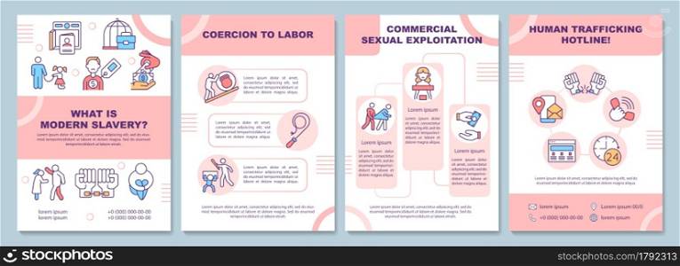 Types of modern slavery and exploitation brochure template. Flyer, booklet, leaflet print, cover design with linear icons. Vector layouts for presentation, annual reports, advertisement pages. Types of modern slavery and exploitation brochure template