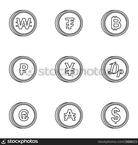 Types of money icons set. Outline illustration of 9 types of money vector icons for web. Types of money icons set, outline style