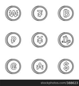 Types of money icons set. Outline illustration of 9 types of money vector icons for web. Types of money icons set, outline style