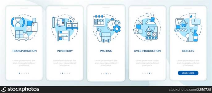 Types of muda blue onboarding mobile app screen. Production waste walkthrough 5 steps graphic instructions pages with linear concepts. UI, UX, GUI template. Myriad Pro-Bold, Regular fonts used. Types of muda blue onboarding mobile app screen