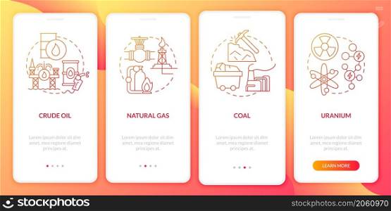 Types of nonrenewable sources sources onboarding mobile app page screen. Eco walkthrough 4 steps graphic instructions with linear concepts. UI, UX, GUI template. Myriad Pro-Bold, Regular fonts used. Types of nonrenewable sources sources onboarding mobile app page screen