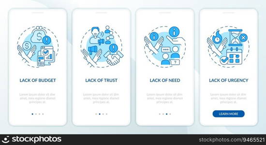 Types of objections blue onboarding mobile app screen. Sales negotiation walkthrough 4 steps editable graphic instructions with linear concepts. UI, UX template. Myriad Pro-Bold, Regular fonts used. Types of objections blue onboarding mobile app screen