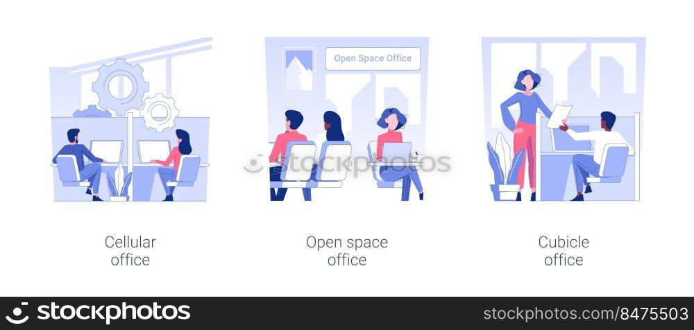 Types of offices isolated concept vector illustration set. Cellular office, open space working environment, colleagues in cubicle modern workplace, employees lifestyle vector cartoon.. Types of offices isolated concept vector illustrations.