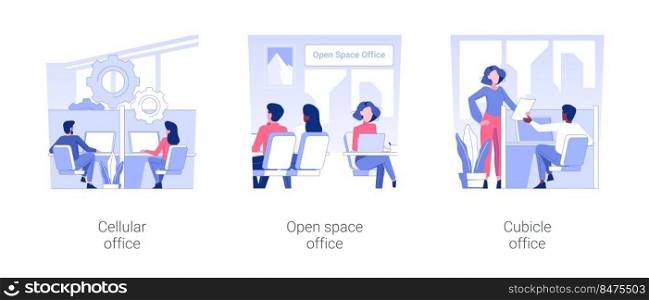 Types of offices isolated concept vector illustration set. Cellular office, open space working environment, colleagues in cubicle modern workplace, employees lifestyle vector cartoon.. Types of offices isolated concept vector illustrations.