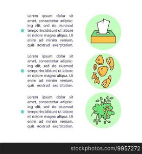 Types of organics waste concept icon with text. Methane emissions from organic waste. PPT page vector template. Brochure, magazine, booklet design element with linear illustrations. Types of organics waste concept icon with text