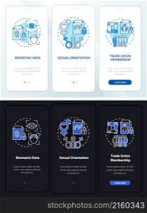 Types of personal data night and day mode onboarding mobile app screen. Walkthrough 3 steps graphic instructions pages with linear concepts. UI, UX, GUI template. Myriad Pro-Bold, Regular fonts used. Types of personal data night and day mode onboarding mobile app screen