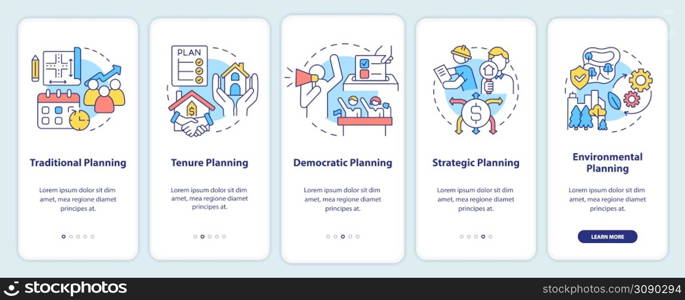 Types of planning onboarding mobile app screen. Tenure planning walkthrough 5 steps graphic instructions pages with linear concepts. UI, UX, GUI template. Myriad Pro-Bold, Regular fonts used. Types of planning onboarding mobile app screen