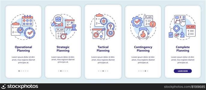 Types of plans onboarding mobile app screen. Business development walkthrough 5 steps editable graphic instructions with linear concepts. UI, UX, GUI template. Myriad Pro-Bold, Regular fonts used. Types of plans onboarding mobile app screen