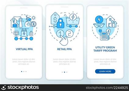 Types of PPA blue onboarding mobile app screen. Agreement definitions walkthrough 3 steps graphic instructions pages with linear concepts. UI, UX, GUI template. Myriad Pro-Bold, Regular fonts used. Types of PPA blue onboarding mobile app screen