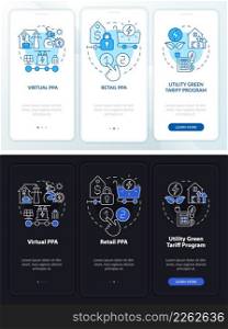 Types of PPA night and day mode onboarding mobile app screen. Agreement walkthrough 3 steps graphic instructions pages with linear concepts. UI, UX, GUI template. Myriad Pro-Bold, Regular fonts used. Types of PPA night and day mode onboarding mobile app screen