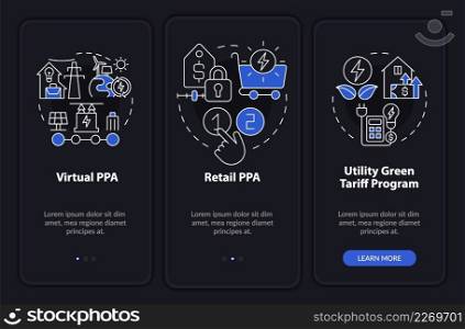Types of PPA night mode onboarding mobile app screen. Contracts walkthrough 3 steps graphic instructions pages with linear concepts. UI, UX, GUI template. Myriad Pro-Bold, Regular fonts used. Types of PPA night mode onboarding mobile app screen