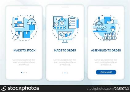 Types of products blue onboarding mobile app screen. Manufacturing walkthrough 3 steps graphic instructions pages with linear concepts. UI, UX, GUI template. Myriad Pro-Bold, Regular fonts used. Types of products blue onboarding mobile app screen