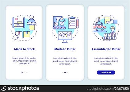 Types of products onboarding mobile app screen. Manufacturing business walkthrough 3 steps graphic instructions pages with linear concepts. UI, UX, GUI template. Myriad Pro-Bold, Regular fonts used. Types of products onboarding mobile app screen