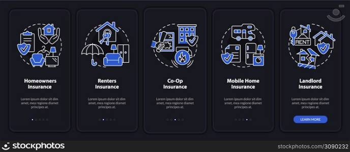 Types of property insurance night mode onboarding mobile app screen. Walkthrough 5 steps graphic instructions pages with linear concepts. UI, UX, GUI template. Myriad Pro-Bold, Regular fonts used. Types of property insurance night mode onboarding mobile app screen