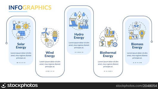 Types of renewable energy sources infographic template. Clean power. Data visualization with 5 steps. Process timeline info chart. Workflow layout with line icons. Lato-Bold, Regular fonts used. Types of renewable energy sources infographic template