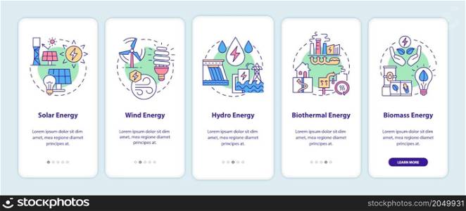 Types of renewable energy sources onboarding mobile app page screen. Power walkthrough 5 steps graphic instructions with linear concepts. UI, UX, GUI template. Myriad Pro-Bold, Regular fonts used. Types of renewable energy sources onboarding mobile app page screen