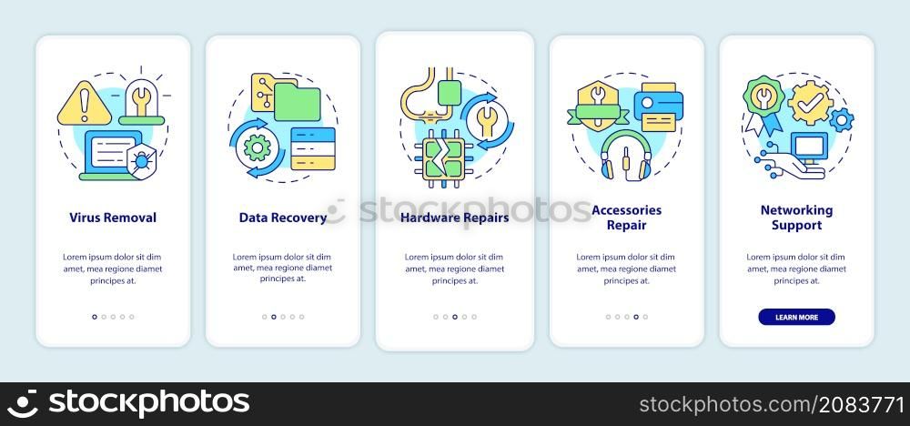 Types of repairs onboarding mobile app screen. Software and hardware walkthrough 5 steps graphic instructions pages with linear concepts. UI, UX, GUI template. Myriad Pro-Bold, Regular fonts used. Types of repairs onboarding mobile app screen