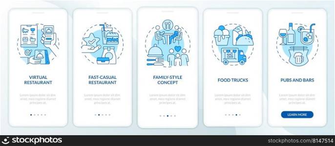 Types of restaurants blue onboarding mobile app screen. Pubs, bars walkthrough 5 steps editable graphic instructions with linear concepts. UI, UX, GUI template. Myriad Pro-Bold, Regular fonts used. Types of restaurants blue onboarding mobile app screen